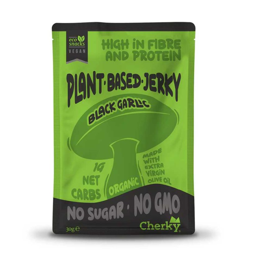 BIO rostlinné jerky Cherky - černý česnek a káva 30 g EXP 12/2026